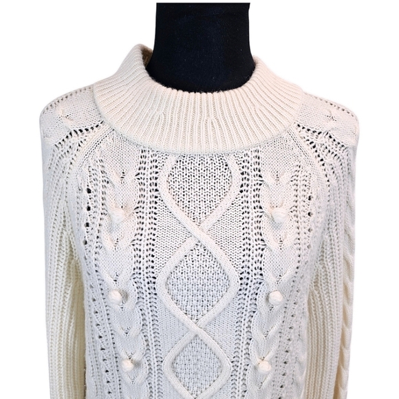 J. Crew Lambswool Blend Pom Pom Cable Knit Sweater Ivory Size Medium Capsule - Picture 7 of 13
